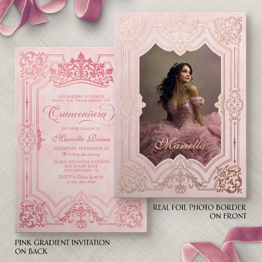 Foto Elegante Roze Kroon Tiara Royal Quinceanera Folie Uitnodiging