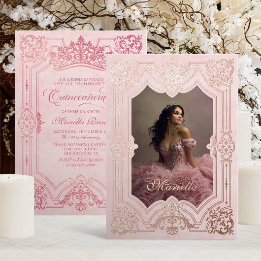 Foto Elegante Roze Kroon Tiara Royal Quinceanera Folie Uitnodiging