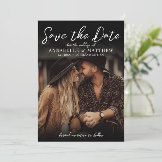 Foto Elegante Script Boho Bruiloft Save The Date (Staand voorkant)