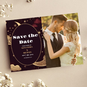 Foto Elegante Trouwdag Burgundy Goud Hemels Save The Date
