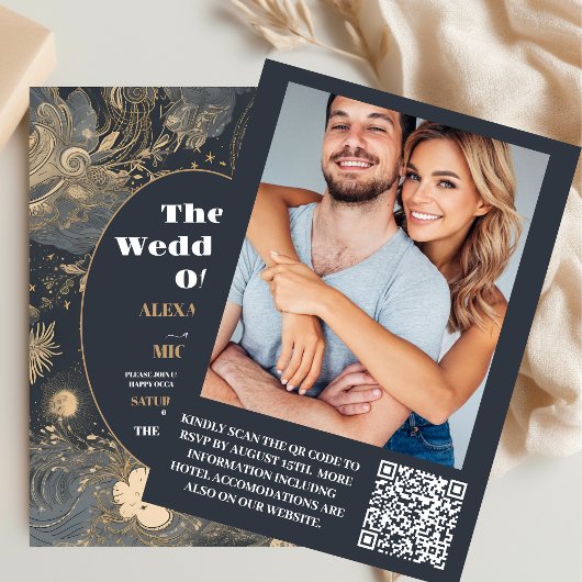 Foto Elegante zilveren gouden hemelse bruiloft Kaart