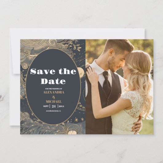 Foto Elegante zilveren gouden hemelse bruiloft Save The Date (Voorkant)