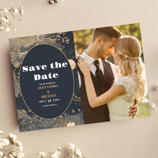 Foto Elegante zilveren gouden hemelse bruiloft Save The Date