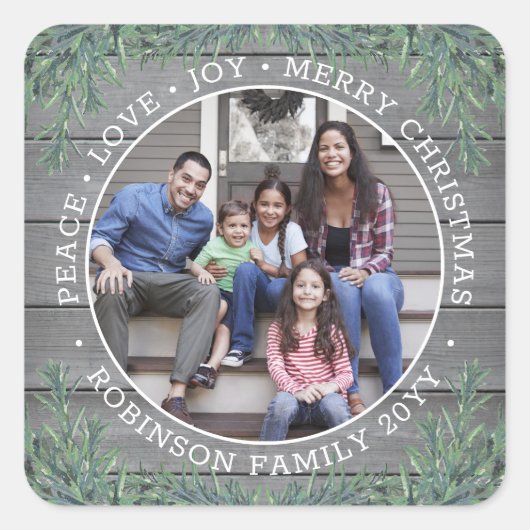 Foto & Elke Tekst Kerstgroen & Grijs Hout Vierkante Sticker (Voorkant)