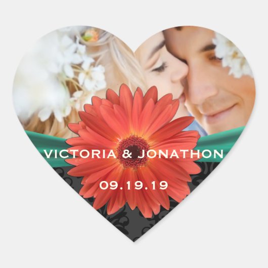 Foto Emerald en Oranje Gerber Daisy Wedding Hart Sticker (Voorkant)