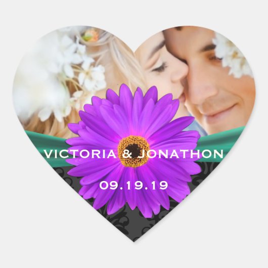 Foto Emerald Green en Plum Gerber Daisy Wedding Hart Sticker (Voorkant)