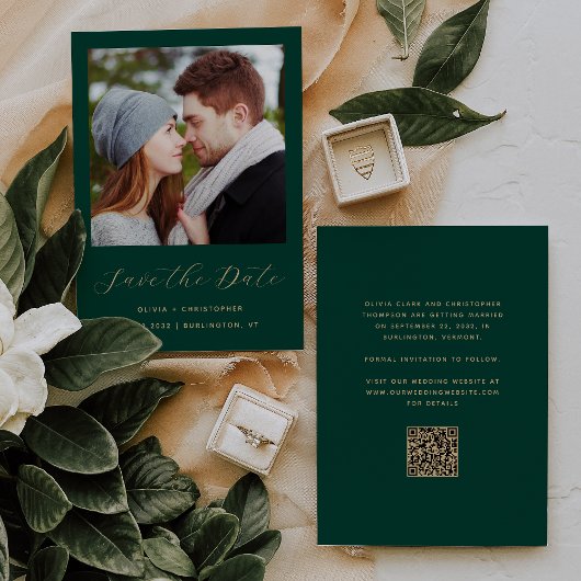 Foto Emerald Green Gold Script QR-code Save The Date