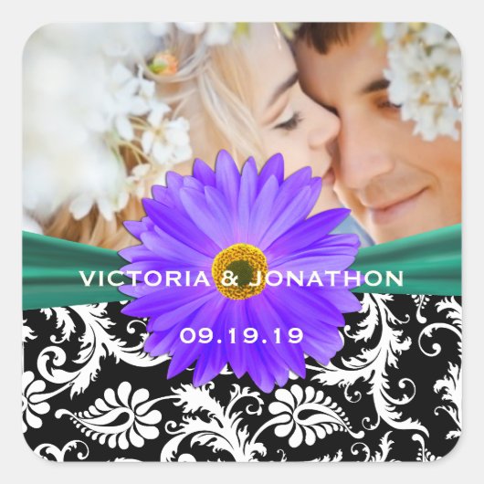 Foto Emerald Green Paars Gerber Daisy Wedding Vierkante Sticker (Voorkant)