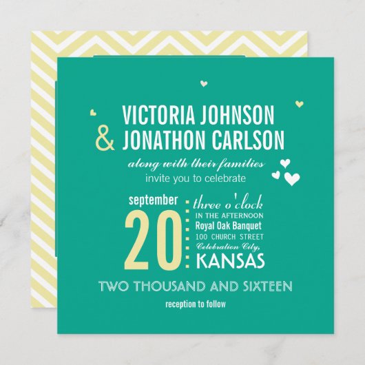 Foto: Emerald Yellow Zig Zag Typography Wedding Kaart (Voorkant / Achterkant)
