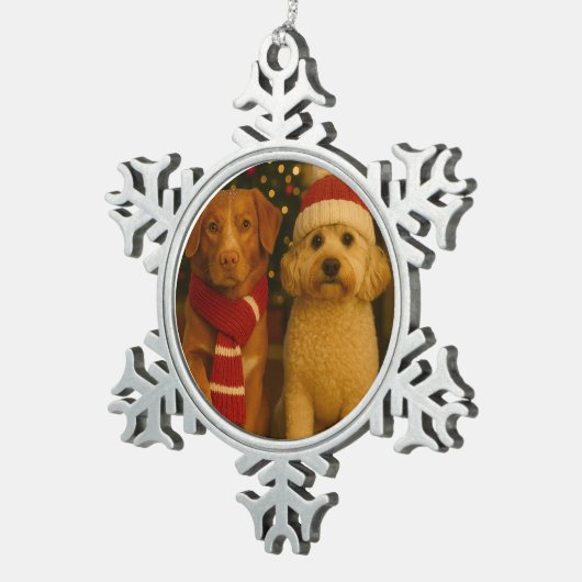 Foto en aangepaste tekst gepersonaliseerd tin sneeuwvlok ornament (Rechts)