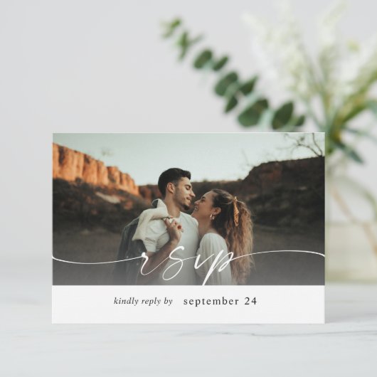 Foto en kalligrafie 3 modi horizontaal met maaltij RSVP kaartje (Staand voorkant)