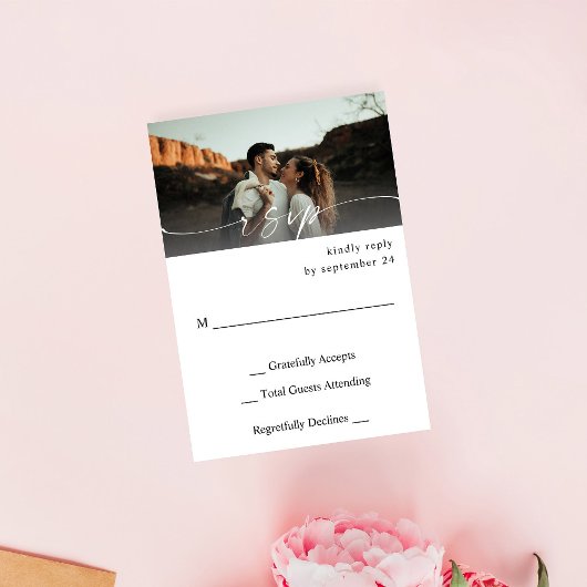 Foto en kalligrafie 3 modi horizontaal op maaltijd RSVP kaartje