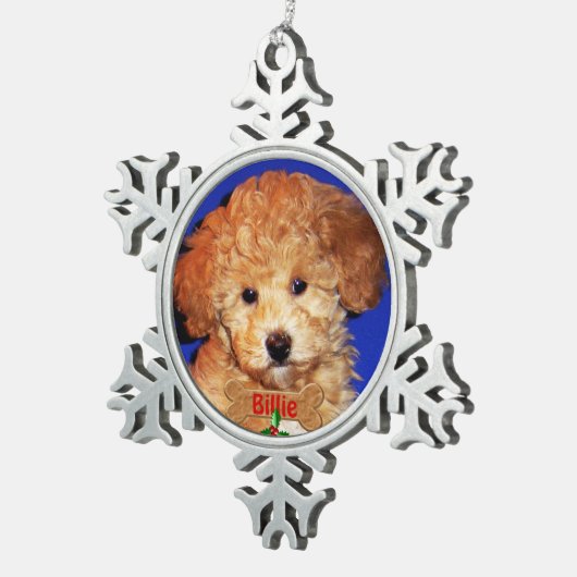 FOTO en NAAM Persoonlijke hond met kerstmis Tin Sneeuwvlok Ornament (Rechts)