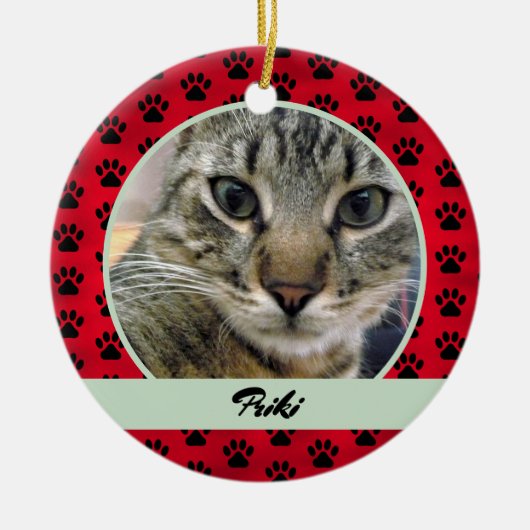 Foto en naam rode en groene handmatige afdrukpatro keramisch ornament (Voorkant)