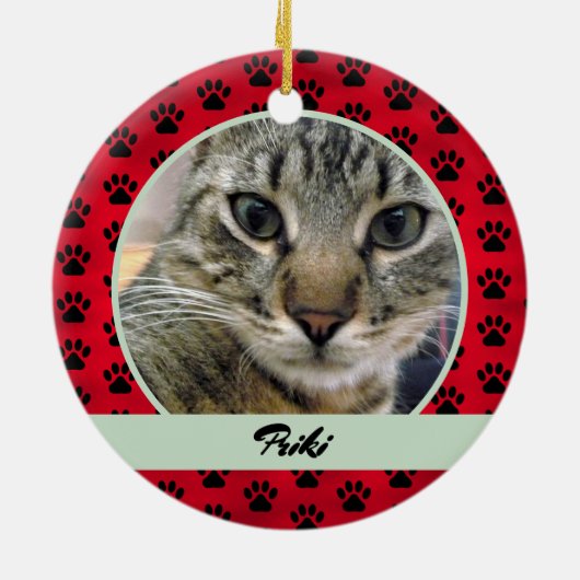 Foto en naam rode en groene handmatige afdrukpatro keramisch ornament (Achterkant)