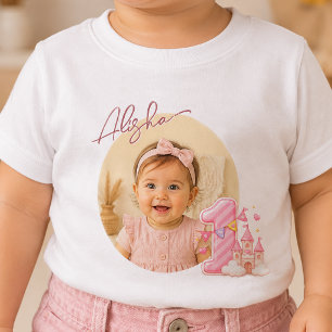 Foto en Naam Roze Eén Kasteel Verjaardag Baby T-sh