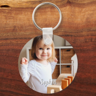 Foto en naam van uw kind in schrift sleutelhanger