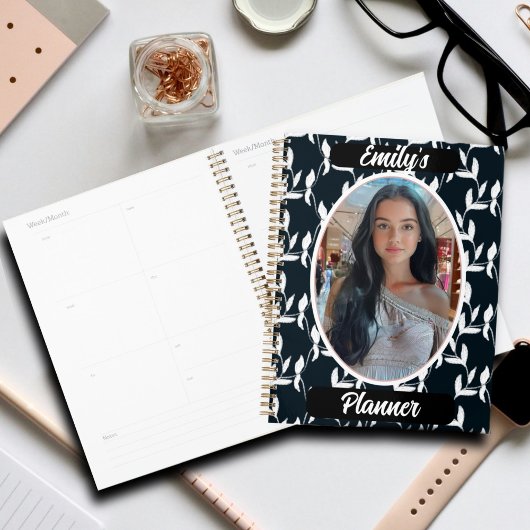 Foto en naam voor meisjes - Black White Leaf Planner