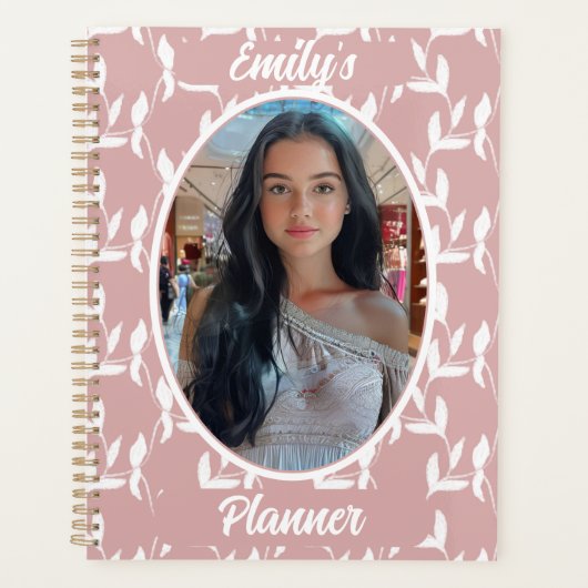 Foto en naam voor meisjes - Pink Leaf Pattern Planner (Voorkant)