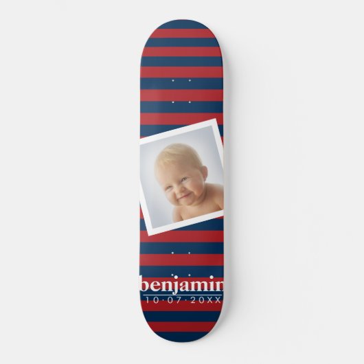 Foto en rood Blauw Striped Patroon - Naam Skateboard (Voorkant)