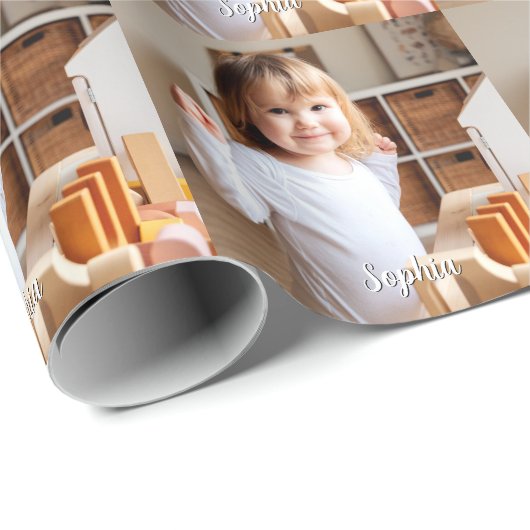 Foto- en scriptnaam van uw kind cadeaupapier (Rol Hoek)