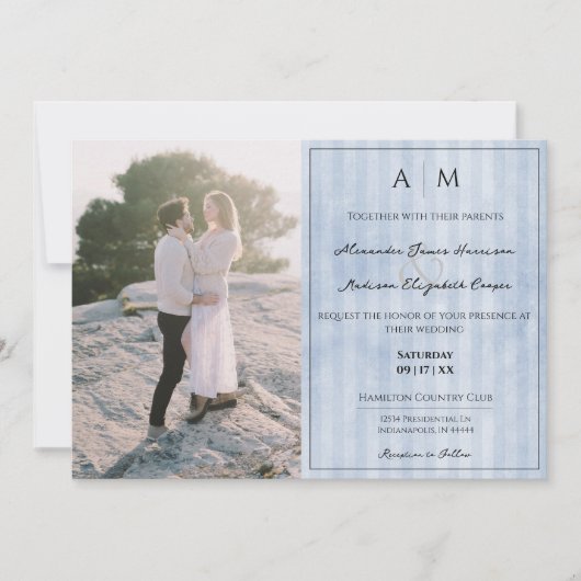 Foto- en  stripes | Blauw huwelijk Kaart (Voorkant)