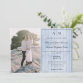 Foto- en  stripes | Blauw huwelijk Kaart (Staand voorkant)