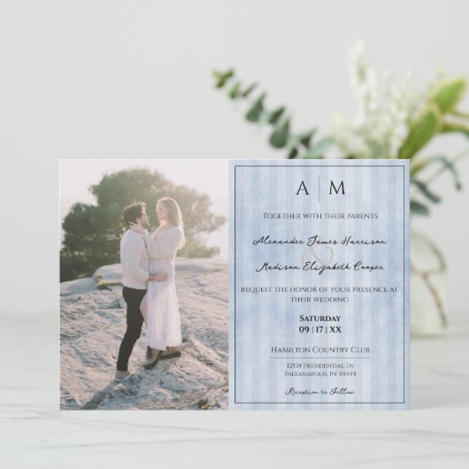 Foto- en  stripes | Blauw huwelijk Kaart (Staand voorkant)
