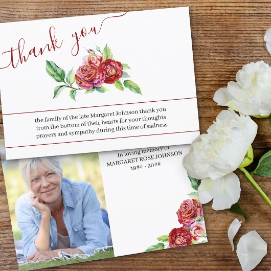 Foto en Waterverf Red Roses Begrafenis Bedankkaart