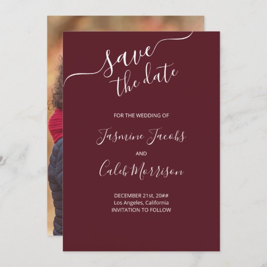 Foto en wit script Bourgondische bruiloft Save The Date (Voorkant / Achterkant)