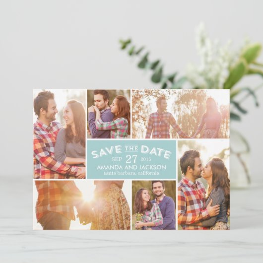 Foto etalage: datum opslaan - blauw save the date (Staand voorkant)