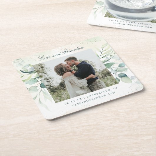 Foto Eucalyptus Rustic Wedding Save the Date Kartonnen Onderzetters (Schuin)