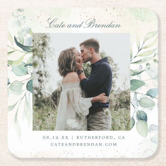 Foto Eucalyptus Rustic Wedding Save the Date Kartonnen Onderzetters (Voorkant)