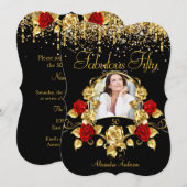 Foto Fabulous 50 Party Red Roses Glitter Gold Kaart (Voorkant / Achterkant)