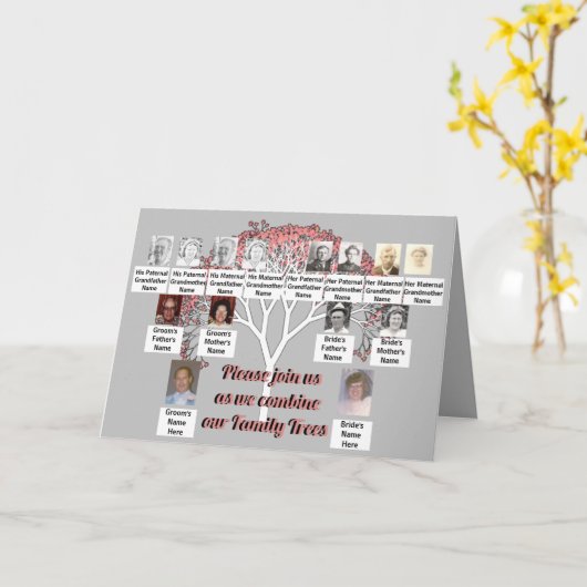 Foto Familie Bomen Roze Fractal Tree Grijs Kaart (Gele Bloem)