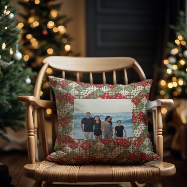 Foto familie Kerst patchwork Groen Rood  Kussen (Creator heeft geüpload)