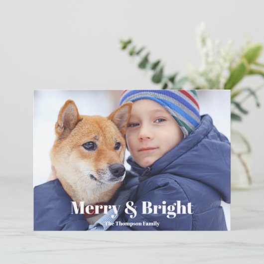 Foto Familienaam Merry en Bright Holiday Kaart (Staand voorkant)
