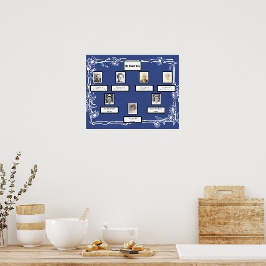 Foto Family Tree Daisy Art Border op Blauw Poster (Keuken)