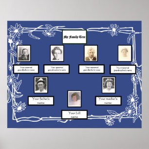 Foto Family Tree Daisy Art Border op Blauw Poster