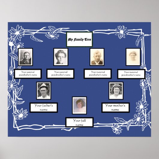 Foto Family Tree Daisy Art Border op Blauw Poster (Voorkant)