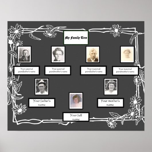 Foto Family Tree Daisy Art Border op Donkergrijs Poster (Voorkant)