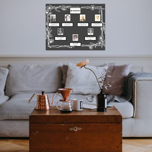 Foto Family Tree Daisy Art Border op Donkergrijs Poster