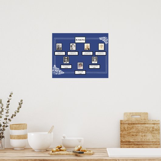 Foto Family Tree Roos Tekenrand op blauw Poster (Keuken)
