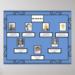 Foto Family Tree smeedijzeren look border op blauw Poster