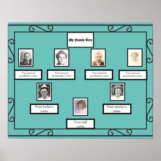 Foto Family Tree smeedijzeren look Border op Blauw Poster (Voorkant)