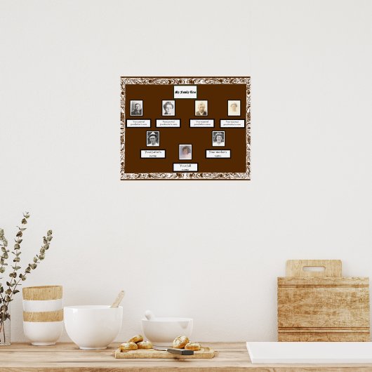 Foto Family Tree White Swirled Border op Bruin Poster (Keuken)