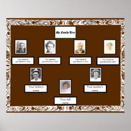 Foto Family Tree White Swirled Border op Bruin Poster