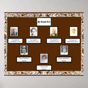 Foto Family Tree White Swirled Border op Bruin Poster