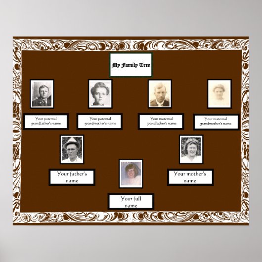 Foto Family Tree White Swirled Border op Bruin Poster (Voorkant)