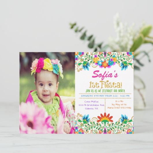 FOTO - Fiesta 1e Verjaardag Glitter uitnodiging (Staand voorkant)